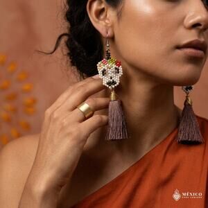 Mexican earrings chaquira SKULL  desing day of the dead 3X1 Inches pink tassel